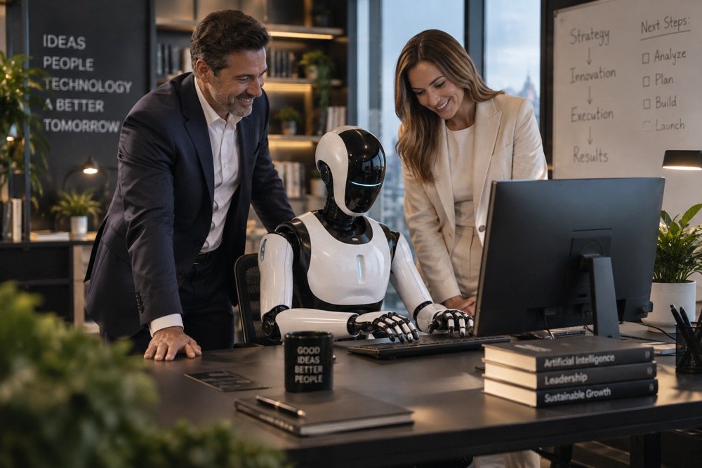 Humanoidalny robot siedzi przy biurku z rękami na klawiaturze laptopa. Po obu stronach stoją pochyleni nad ekranem mężczyzna w granatowej marynarce i kobieta w jasnym żakiecie, oboje uśmiechnięci. Na biurku monitor, kubek i stos książek, na ścianach tablice z notatkami po angielsku.