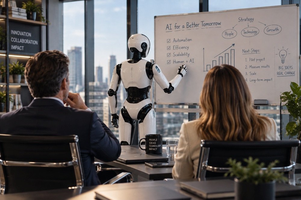 Humanoidalny robot stoi przy białej tablicy w sali z widokiem na miasto i wskazuje ręką zapisane na niej odręcznie punkty po angielsku. Na pierwszym planie, tyłem do patrzącego, siedzą przy stole dwie słuchające osoby.